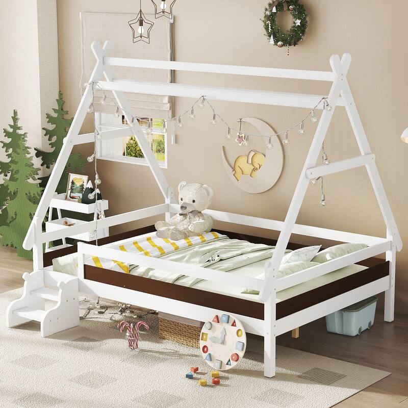 Roomfitters House Platform Bed with Stairs, Solid Wood Low Profile Frame with Roof Design for Playroom
