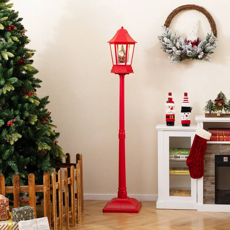 Red Musical Christmas Street Lamp with LED Lights and Snow Globe Scene for Santa or Snowman Decor - 12.5" x 12.5" x 64"
