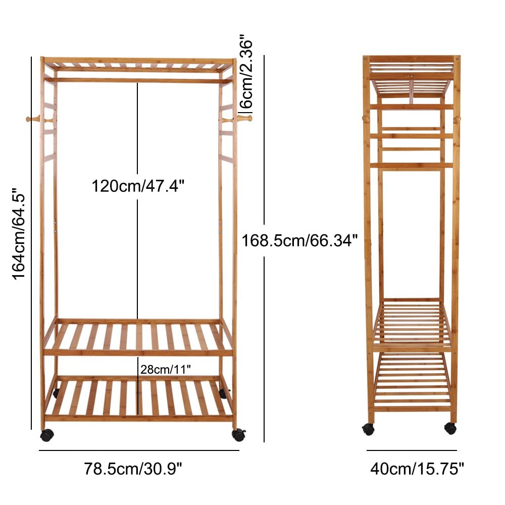 Bamboo Rolling Clothes Rack with Storage Shelves and Hanging Rod - W 30.9" x D 15.75" x H 66.34"