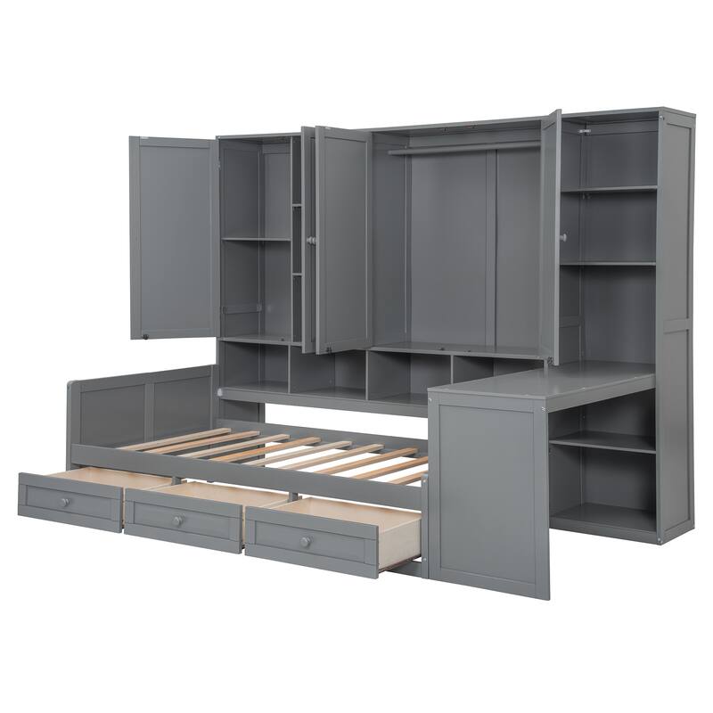 Modern Twin Daybed with All-in-One Cabinet, Desk Wooden Daybed Sofa Bed Frame with 3 Drawers, Multi-Functional Headboard