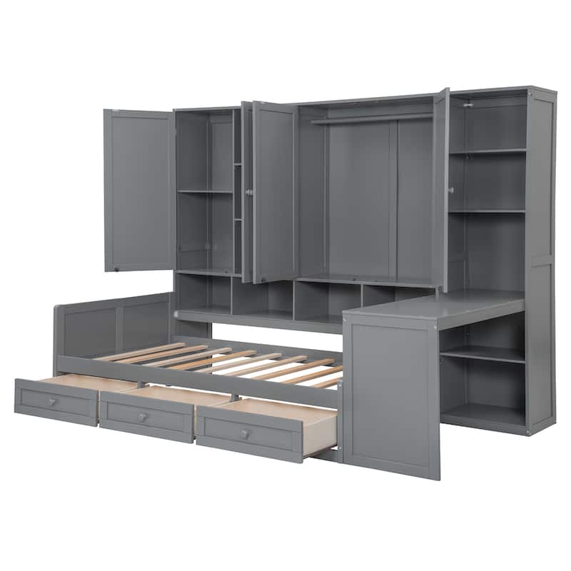 Twin Size Wooden Daybed with Three Drawers & All-in-One Cabinet, Desk w/ Shelves, White