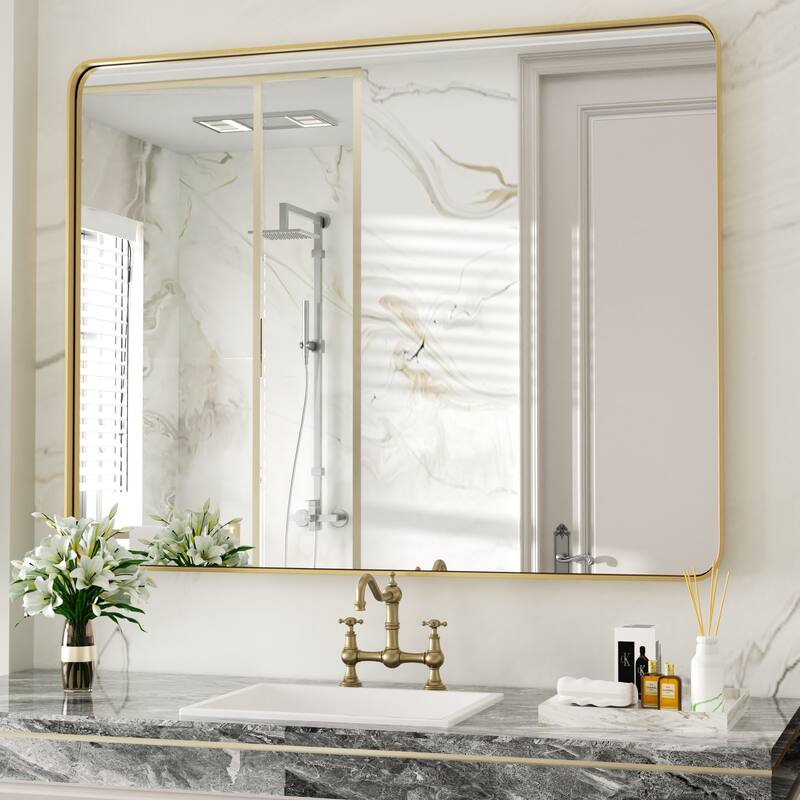 Modern Wall Mirrors, Rectangular Mirror with Stainless Steel Framed, Bathroom Mirror with Round Corner, Vanity Mirror - 30W * 40H Inches - Brushed Gold