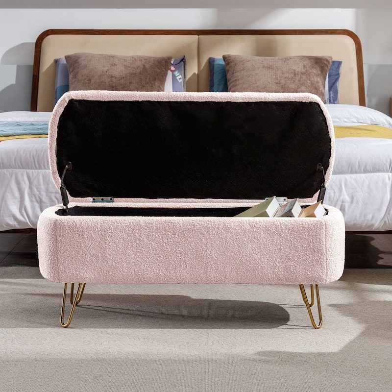 Modern Upholstered Storage Ottoman Bench with Metal Legs