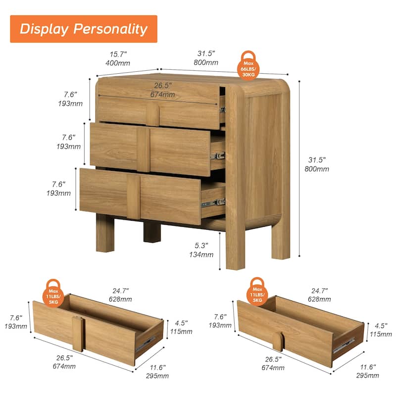 WAMPAT Modern Wood Nightstand With 3 Drawers ,31.5" Large Mid-Century End Table,Curved Bedside Table Storage Cabinet For Bedroom