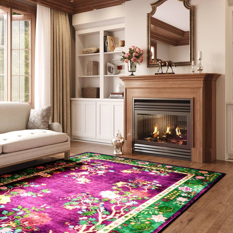 Rustic Floral Abstract Indoor Rug Purple Anti-slip & Washable