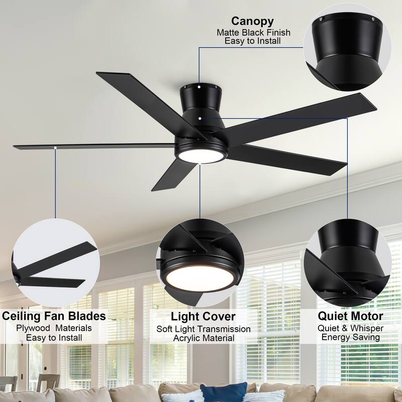 YUHAO AeroLite 48 in. Indoor White Low Profile Standard Ceiling Fan with Bright White Integrated LED Light Kit, Remote Included