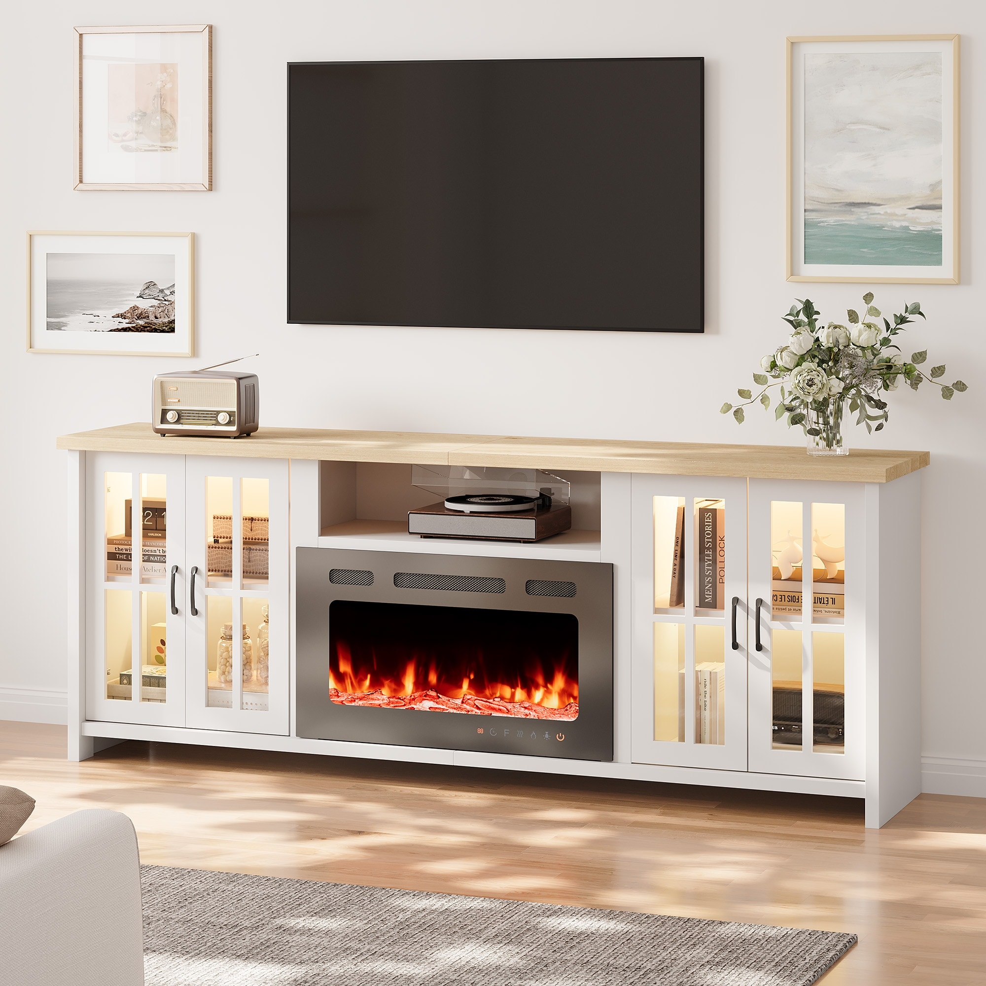 EROMMY 78"/ 97" Fireplace TV Stand with Electric Fireplace, Farmhouse Media Console with LED Lights, Glass Doors