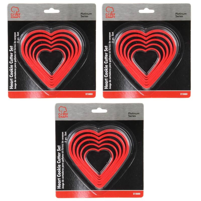 Chef Craft 5 Piece Plastic Heart Shapes Cookie Cutter Set - Sizes Vary from 1.5" to 3" - 3 Sets