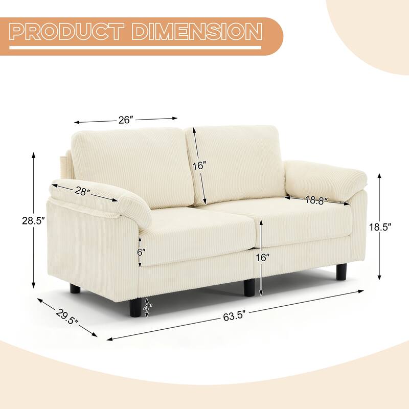Modern 63.5" Corduroy Upholstered Sofa Couch Loveseat Sofa with Pillow Top Arms