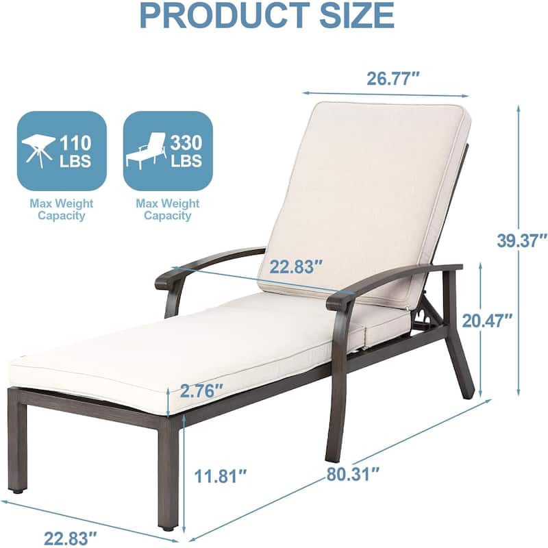 HOMEFUN Outdoor Aluminum Reclining 5-Position Adjustable Backrest Chaise Lounge(set of 2) with Cushion