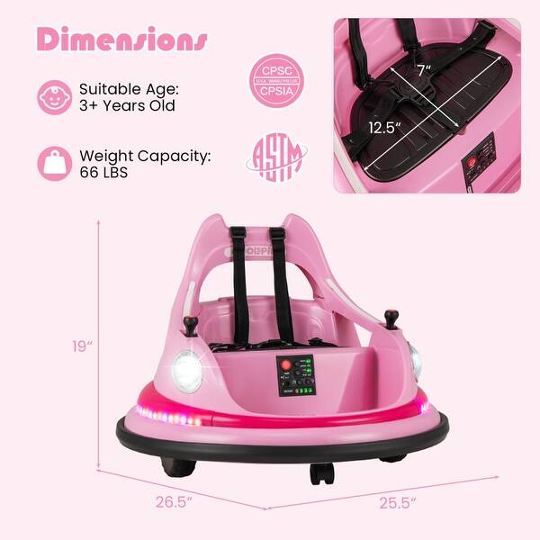 dimension image slide 3 of 4, 12V Kids Ride On Bumper Car with Remote Control and Dual Joysticks - 26.5" x 25.5" x 19" (L x W x H)
