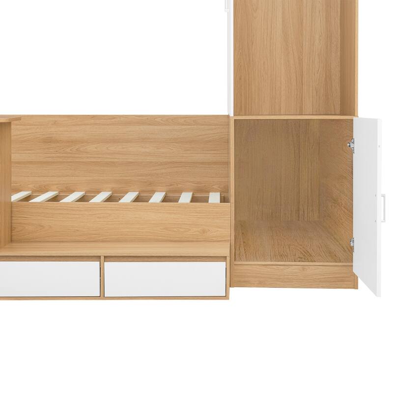 Full Size Wooden Platform Bed with 6 Drawers, Shelves, Desk, and Wardrobe