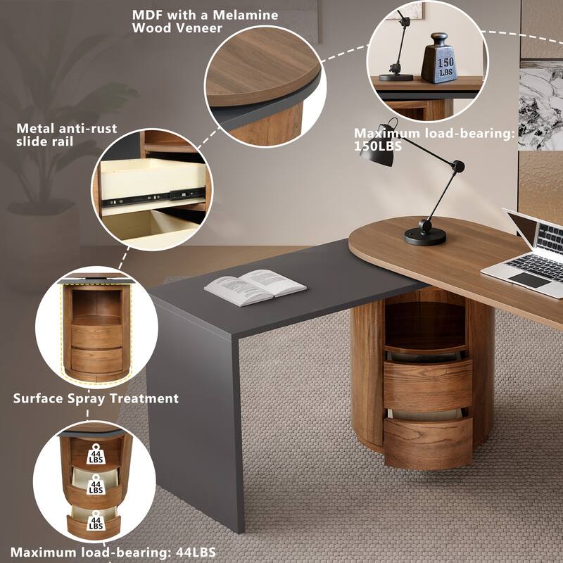 59"L Shaped Desk in Walnut with 2 Drawers,Open storage,360°Wood Rotating Desk,Executive Office Desk,Office Study Workstation