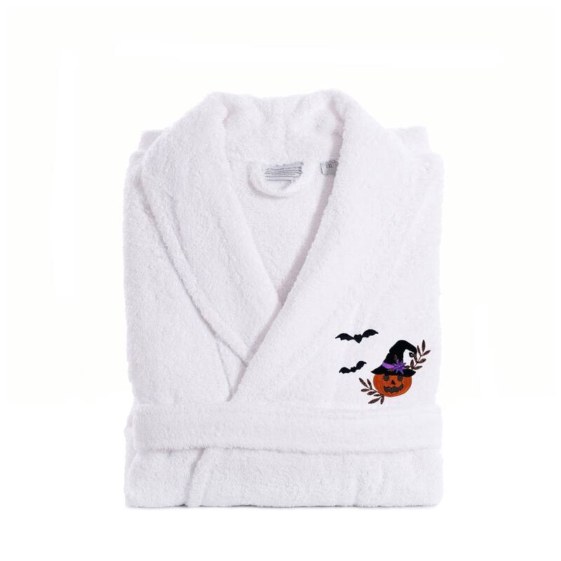 Authentic Hotel and Spa 100% Turkish Cotton Unisex Terry Bath Robe with Pumpkin Head Embroidery - S/M - White