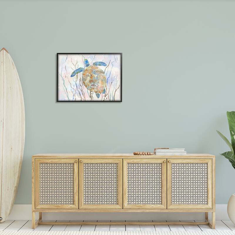 Stupell Contemporary Ocean Sea Turtle Abstract Kelp Sea Life Framed Wall Art - Blue