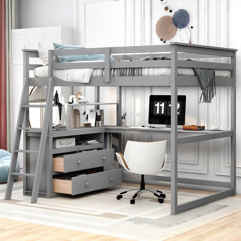 Full Size Loft Bed with Built-in Desk & 2 Drawers, Solid Wood Full Loft Bedframe w/Full-Length Guardrail, for Kids,Teens,Adults