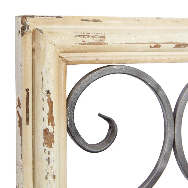 White Wood Small Panel Scroll Home Wall Decor with Black Metal Scrollwork