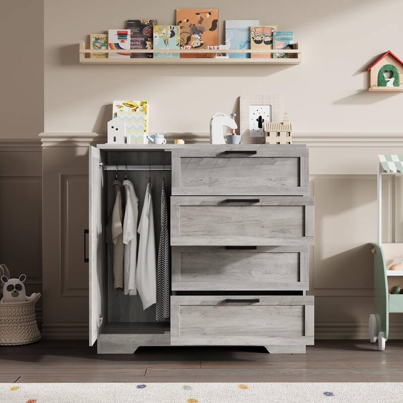 43.3'' Small Wardrobe Closet, Wardrobe Cabinet with Door, 4 Drawers and Handing Rod, Wooden Clothes Cabinet