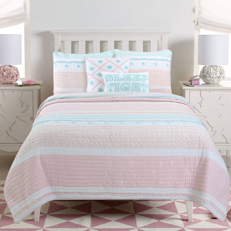 Cozy Line Home Fashions Pastel Stripped Star Ruffle Embroidered Floral Light Pink Peach Blue White Cotton Quilt Bedding Set - Queen