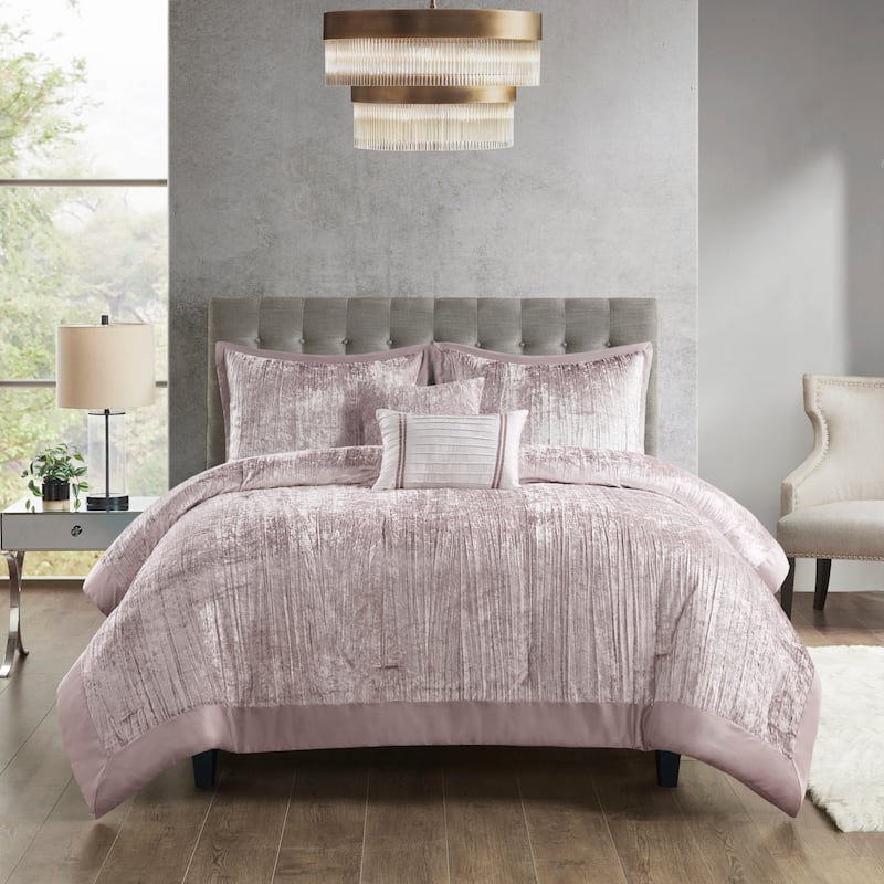 Madison Park Reagan 5 Piece Crinkle Velvet Comforter Set - Blush - Full - Queen