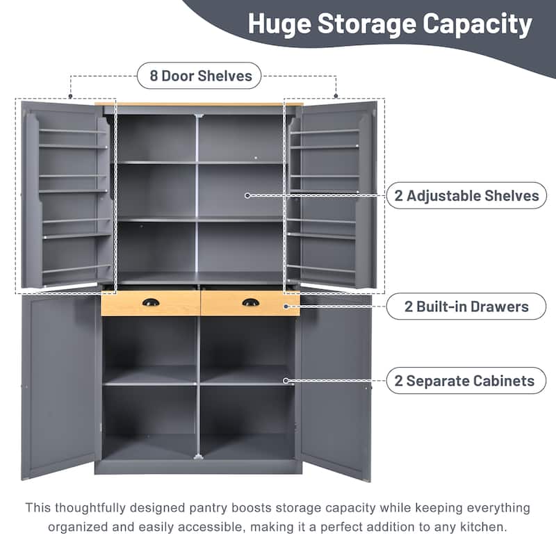 Kitchen Pantry with 2 Drawers, 2 Adjustable Shelves and 8 Door Shelves
