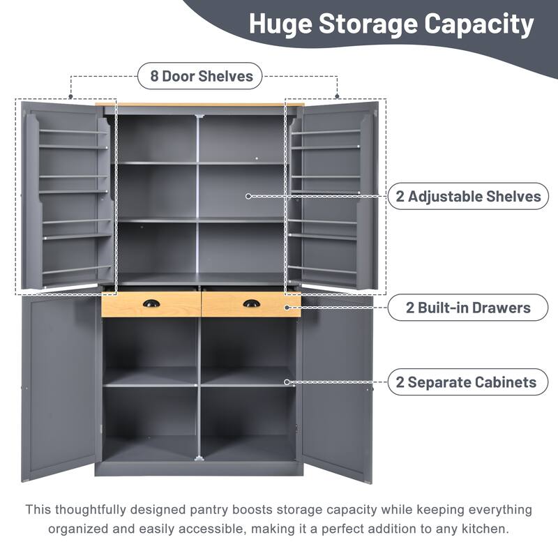 Modern Large Kitchen Pantry Cabinet, Wood Storage Cupboard with 2 Drawers, Adjustable Shelves & 8 Door Storage Shelves