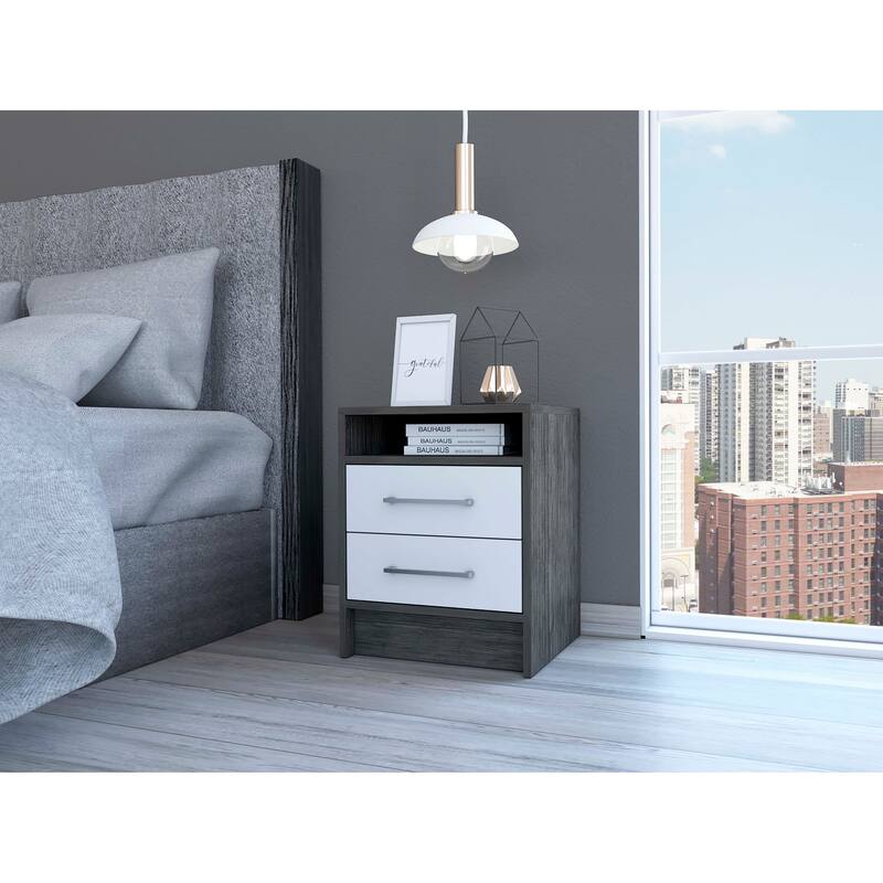 Modern Nightstand with Two Drawers and Top Shelf, Smokey Oak/White Finish, Compact and Space-Saving Design - Multicolor