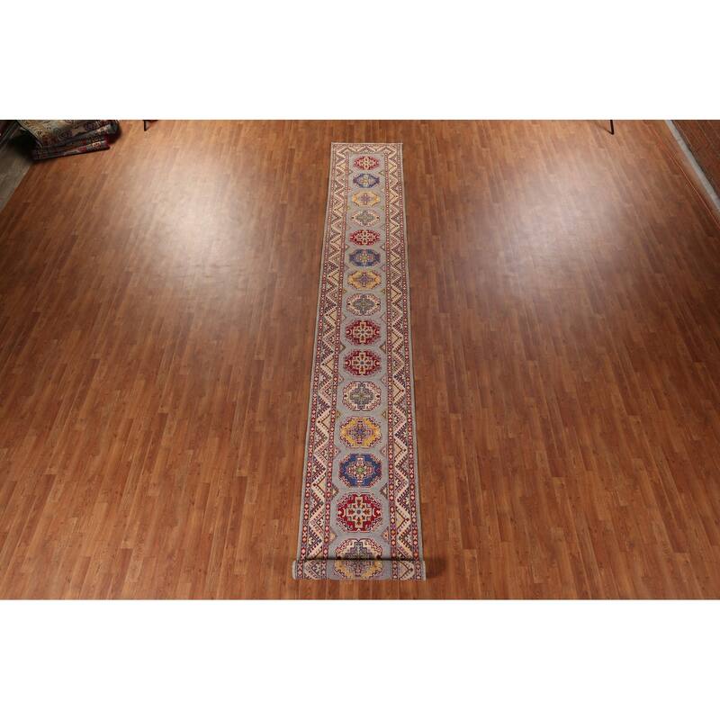 Geometric Kazak Runner Rug Handmade Wool Carpet - 2'7" x 19'4"