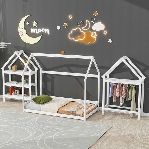 slide 2 of 41, Kids bedroom set Twin size wood house bed with storage shelf and hanger White
