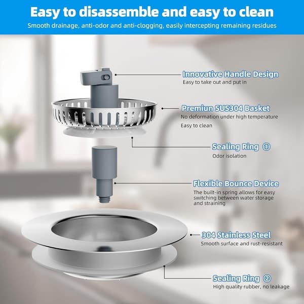 2-Pack 3-in-1 Kitchen Sink Drain Strainer & Stopper - Stainless Steel Pop-Up Plug With Anti-Clog Basket For 3.5" Drain Holes