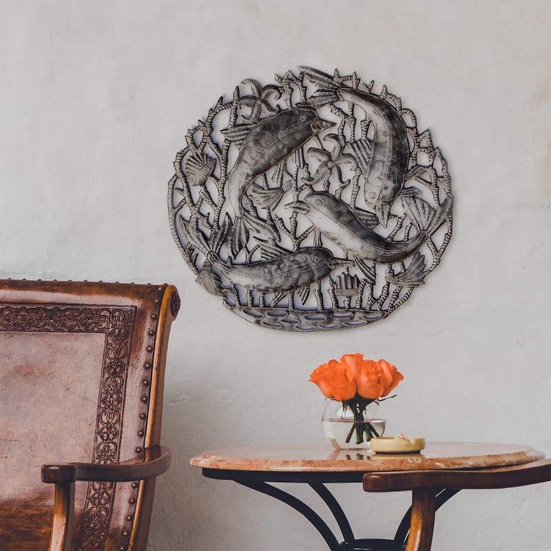 Handmade 24-Inch Dolphin Pod Metal Wall Art (Haiti)