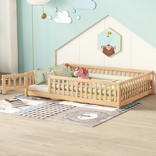 Natural Full Size Pine Wood Floor Bed with Safety Guardrails and Door for Kids