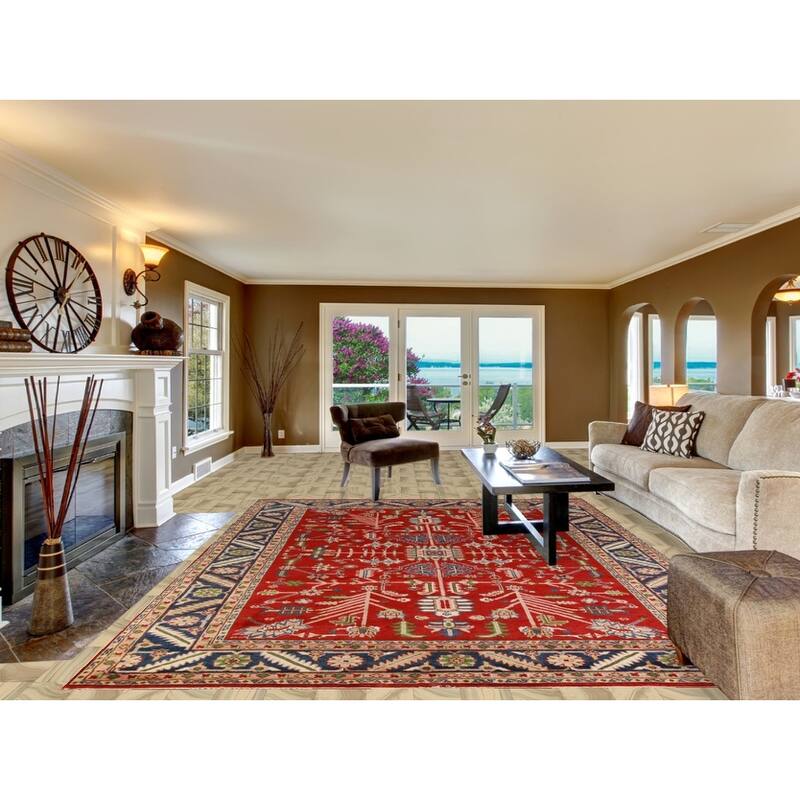 Hand Knotted Oriental 100% Wool Carpet Traditional Geometric Red Heriz (serapi) Area Rug - 11' 9'' X 8' 10''