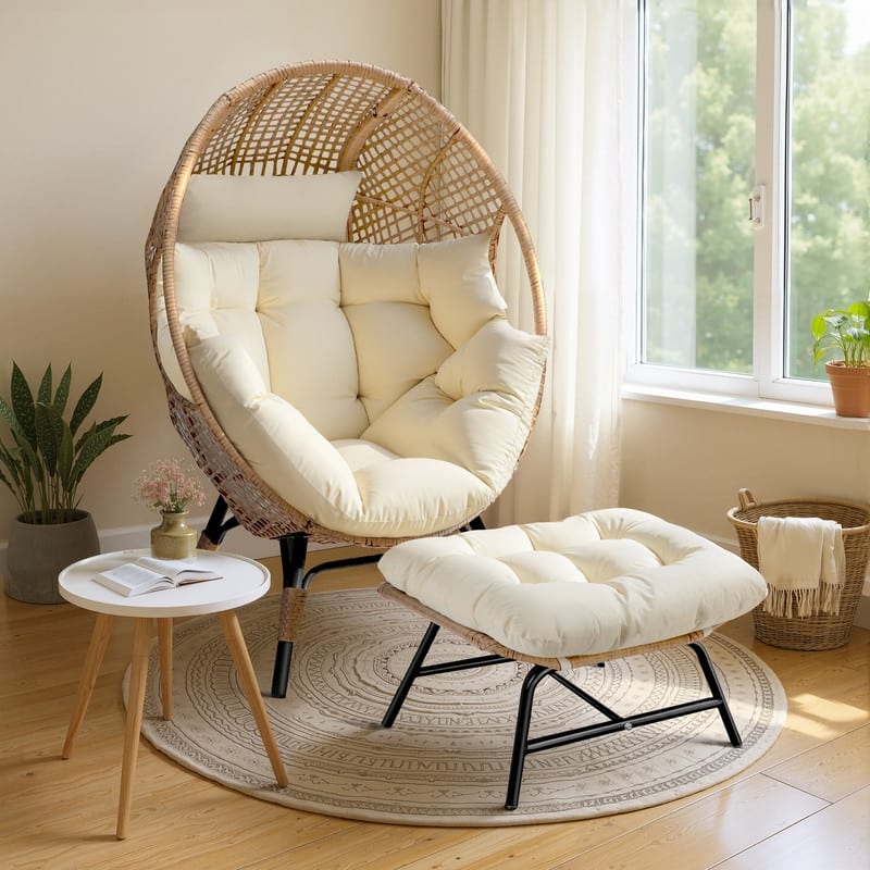 Wicker Egg Chair with Ottoman, 6.5" Cushions, 440 lb Capacity, Indoor/Outdoor Lounge Chair