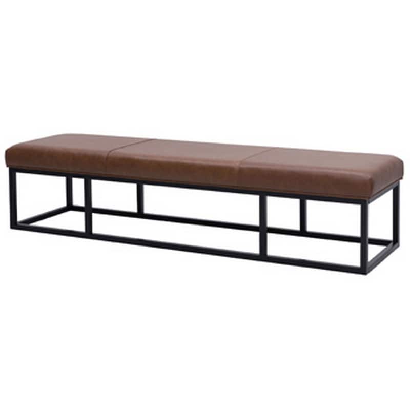 Accent Bench, 71 Inch, Black Metal, Brown Genuine Leather Cushioned Seat