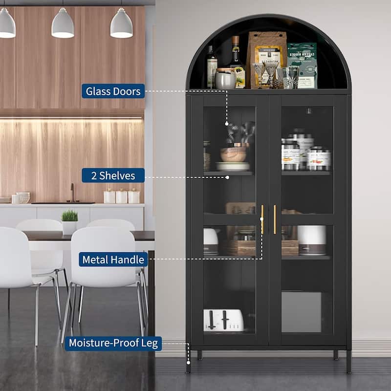 73'' Tall Metal Arched Cabinet, Modern Arch Kitchen Pantry Storage Cabinet with Glass Doors