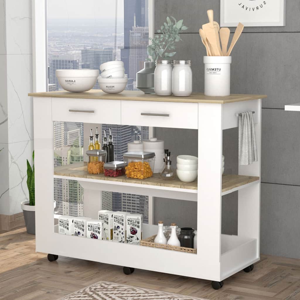 Versatile Kitchen Island with 6 Casters, Two Drawers, and Lower Open Shelf, White/Light Oak