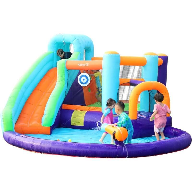 Inflatable Bounce House, Jumping Castle with Water and Slide, Inflatable Bouncer with Air Blower, Water Spray