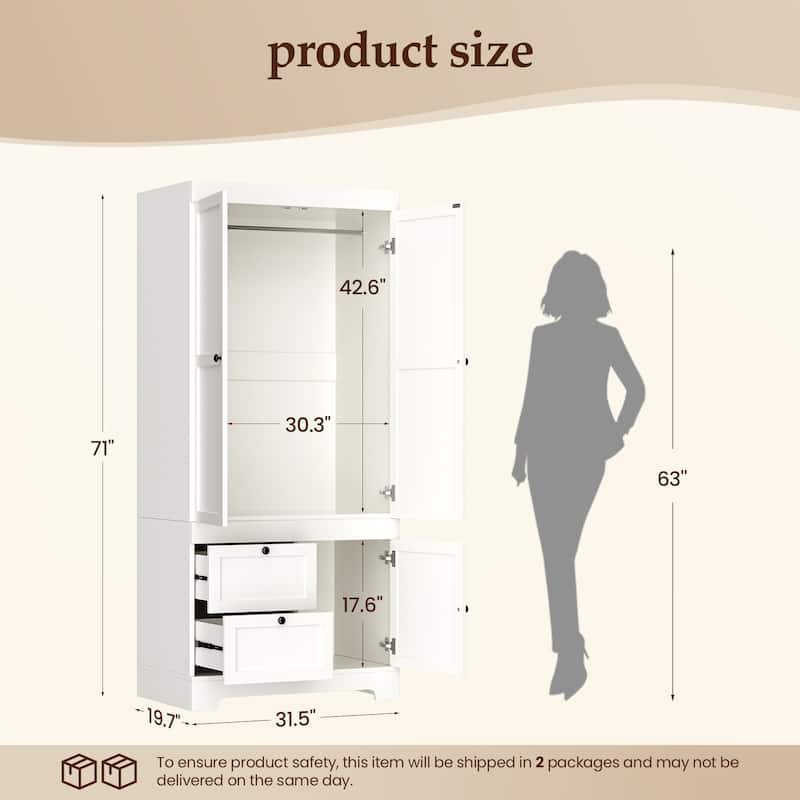 Pocassy 71" H Wardrobe Closet with Drawers with Doors and Storage