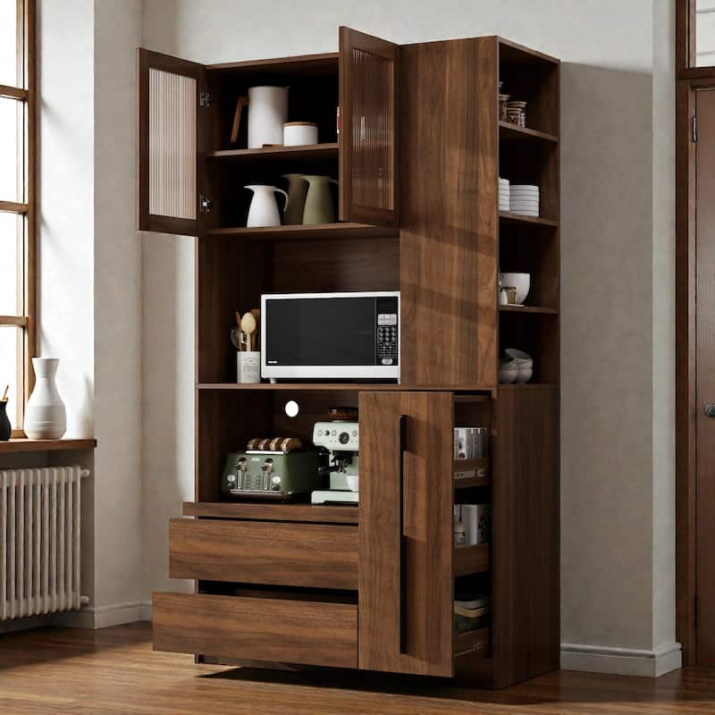 70.87 Inch Tall Kitchen Pantry Cabinet with Pull Out Storage Shelf, Glass Door Food Hutch Microwave Stand - Walnut