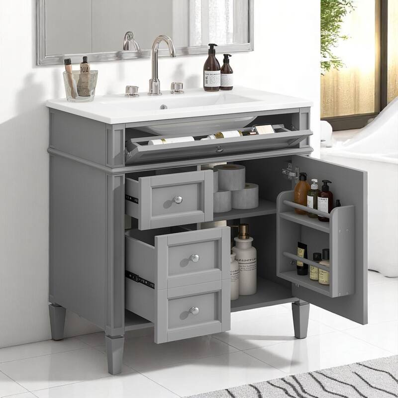 Modern 30 Inch Bathroom Vanity with Top Sink, Soft-Close Doors, Hidden Storage, and Drawer Organizer