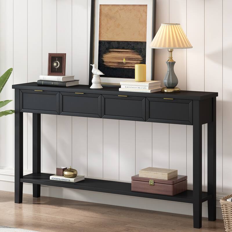 60" Modern Side Table with 4 Drawers & Shelf