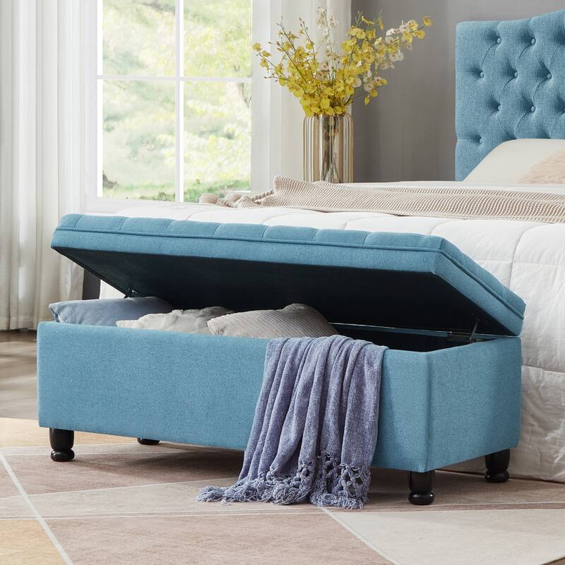Bedroom End of Bed Bench with Spindle Wood Legs, Upholstered Decorative Stool Elegant Storage Bench with Flipping Lid