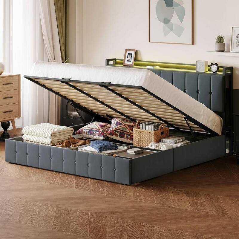 Bed Frame with Lift Up Storage and Charging Station
