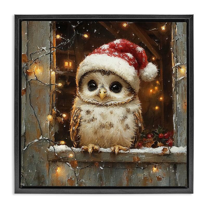 Stupell Festive Owl with Holiday Lights Framed Floater Canvas Wall Art Design By Riley B - 18 x 18 - Black