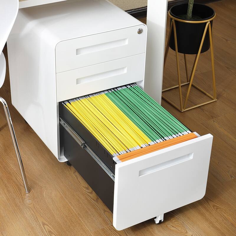 3-Drawer Locking Mobile File Cabinet with Wheels, Metal Home Office Storage Cabinet with Pencil Tray & Hanging Bars