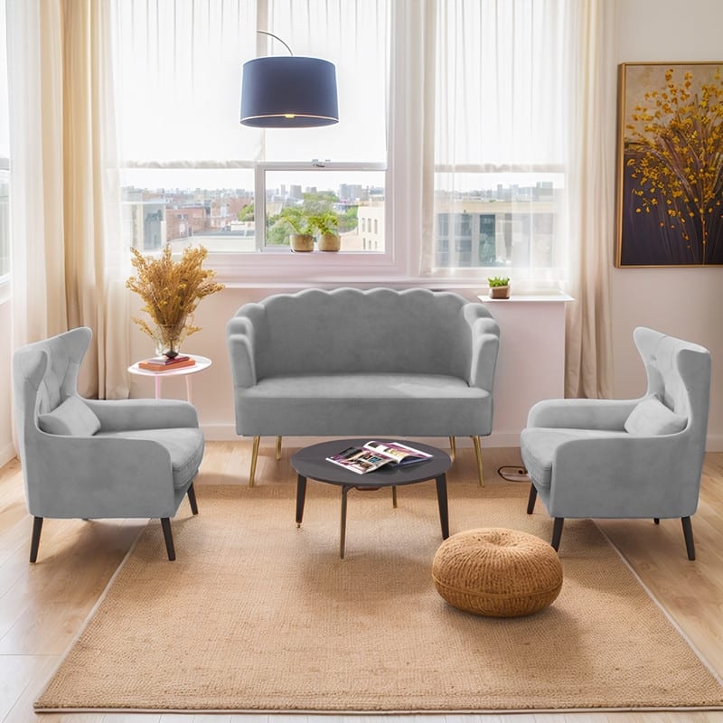Velvet Tuft Thick Cushion Metal Legs Loveseat Two Accent Chairs - Grey Velvet
