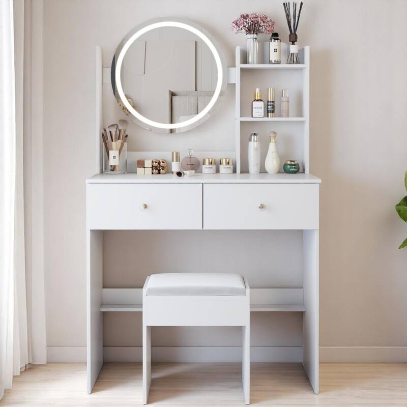 KISRAIS 31.5" Fashion Vanity Desk with Mirror and Lights, 3 Color Lighting Brightness Adjustable