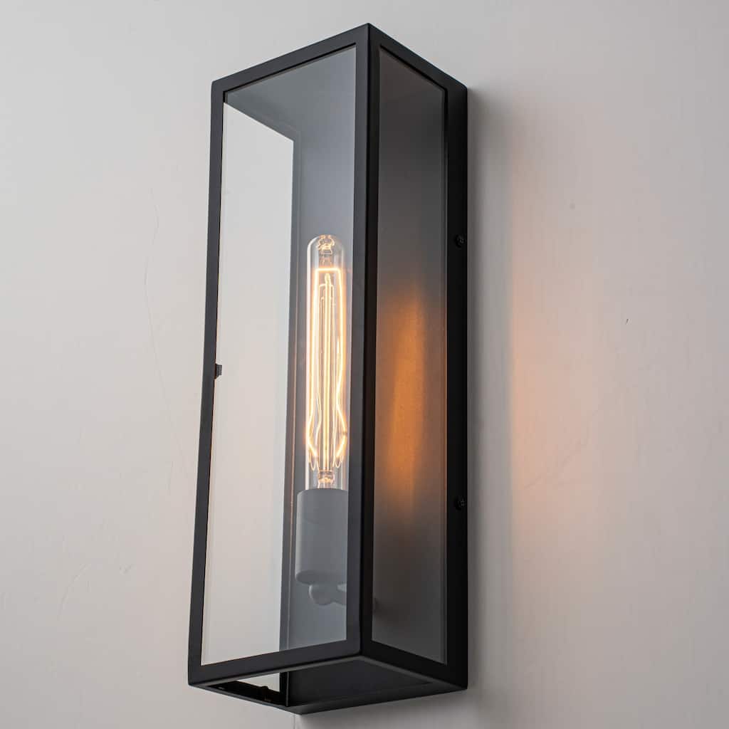 1-Light Matte Black Rectangular Iron & Glass IP44 Outdoor Wall Sconce for Patio - 1 Lighgt