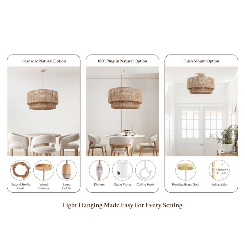 Luminous Rattan Pendant Light - Natural Drum Handwoven Light Fixture For Modern, Transitional, Farmhouse, Boho Room Décor.